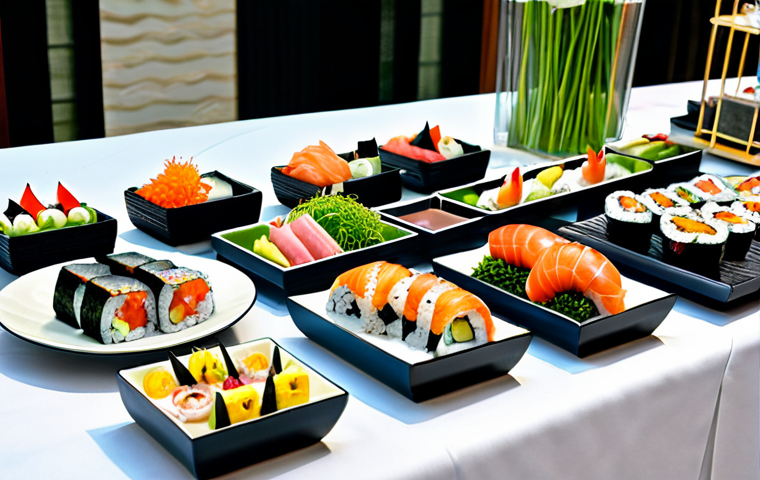 Elegant Japanese Catering Buffet**

"An elegantly arranged Japanese catering buffet at a corporate event in a modern venue. The buffet table showcases sushi platters, temaki hand rolls, and colorful appetizers with typical Japanese decoration, like lanterns and cherry blossom. The scene emphasizes the artful presentation of the food and the sophisticated ambiance of the event. Safe for work, appropriate content, fully clothed attendees, professional catering photography, correct proportions, natural lighting, modest dress, professional."

**