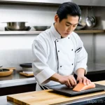 일식조리사 실습 현장에서의 꿀팁 - **A Young Apprentice's Focused Observation in a Traditional Japanese Kitchen**
    A wide shot of a ...