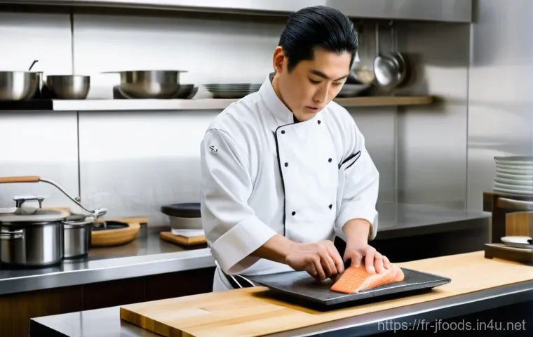 일식조리사 실습 현장에서의 꿀팁 - **A Young Apprentice's Focused Observation in a Traditional Japanese Kitchen**
    A wide shot of a ...
