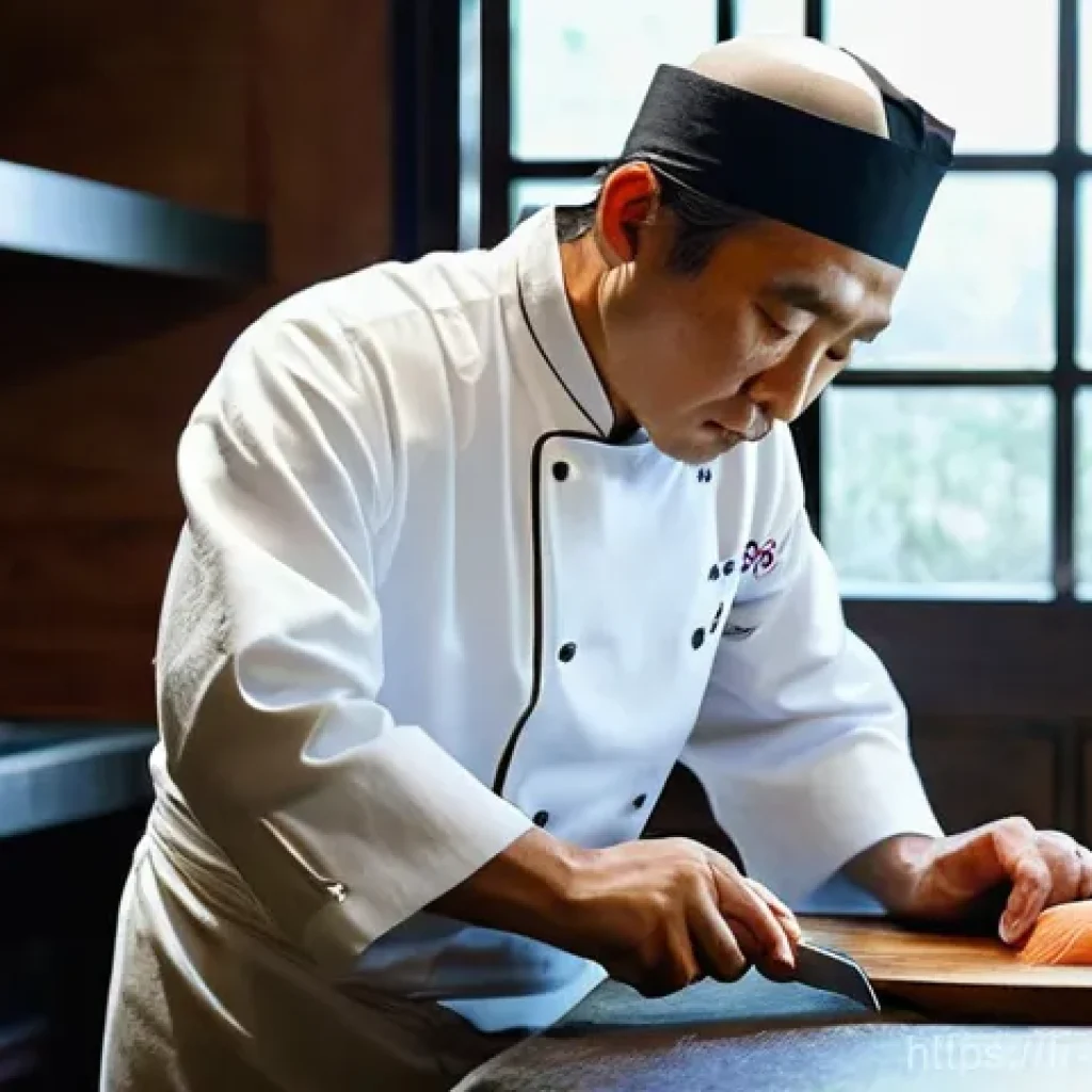 일식조리사로 일하며 만난 멘토 이야기 - **Prompt:** A wise Japanese master chef, middle-aged with a serene and focused expression, meticulou...