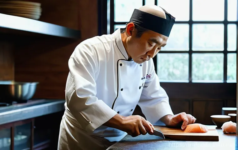 일식조리사로 일하며 만난 멘토 이야기 - **Prompt:** A wise Japanese master chef, middle-aged with a serene and focused expression, meticulou...