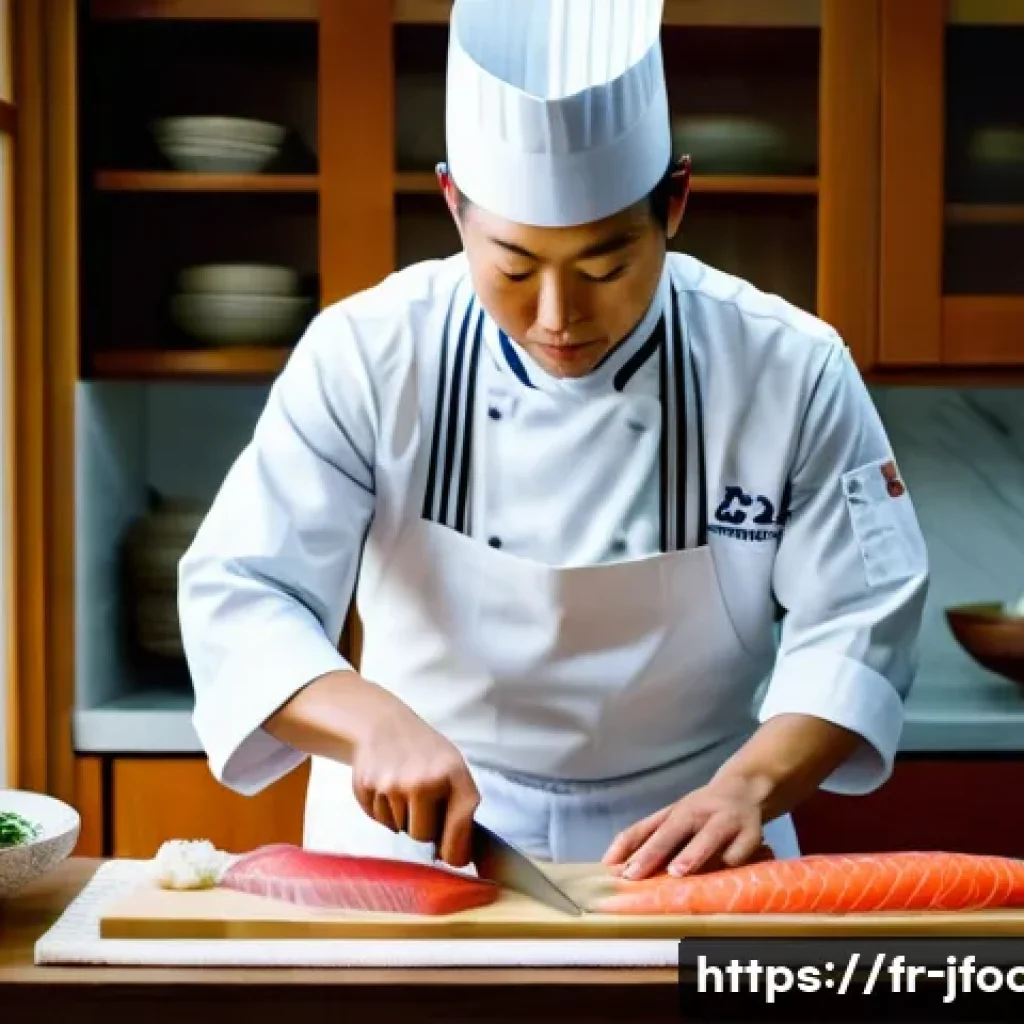 일식조리 기능사 시험 중 유용한 팁 - A professional Japanese chef in a modern kitchen carefully slicing fresh sashimi-grade fish with a s...