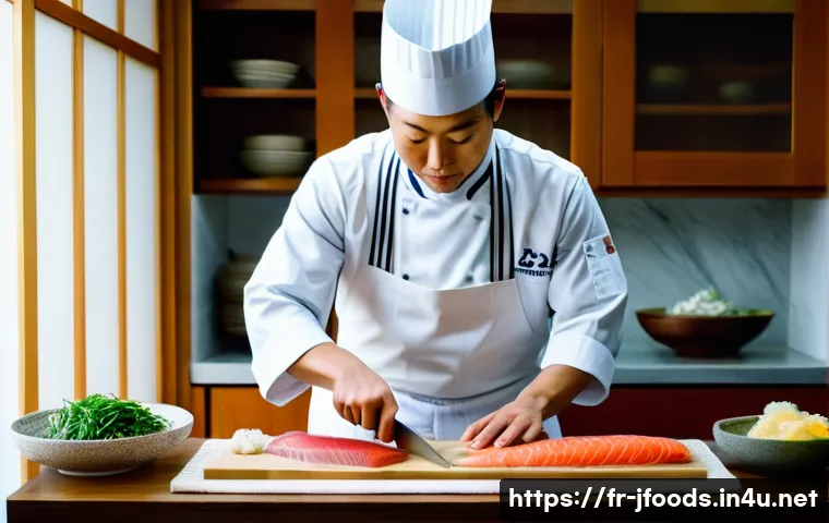 일식조리 기능사 시험 중 유용한 팁 - A professional Japanese chef in a modern kitchen carefully slicing fresh sashimi-grade fish with a s...