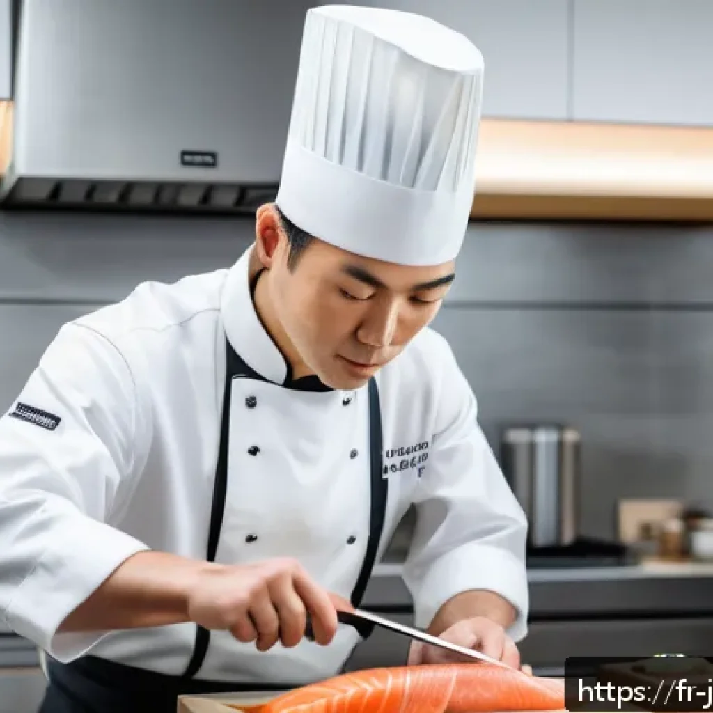 일식조리사 해외 취업 전략 - A professional sushi chef preparing traditional sushi in a modern German kitchen, wearing a clean wh...