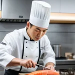 Home 19 일식조리사 해외 취업 전략 - A professional sushi chef preparing traditional sushi in a modern German kitchen, wearing a clean wh...