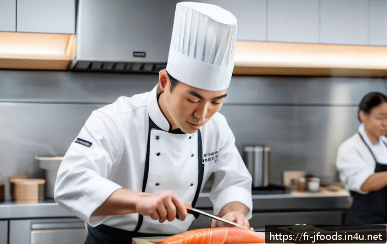 일식조리사 해외 취업 전략 - A professional sushi chef preparing traditional sushi in a modern German kitchen, wearing a clean wh...