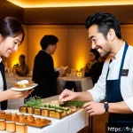 Home 23 일식조리사 커리어 발전을 위한 네트워킹 - A bustling Japanese culinary networking event in Lyon, France, with diverse chefs and food professio...
