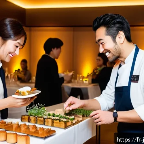 Home 17 일식조리사 커리어 발전을 위한 네트워킹 - A bustling Japanese culinary networking event in Lyon, France, with diverse chefs and food professio...