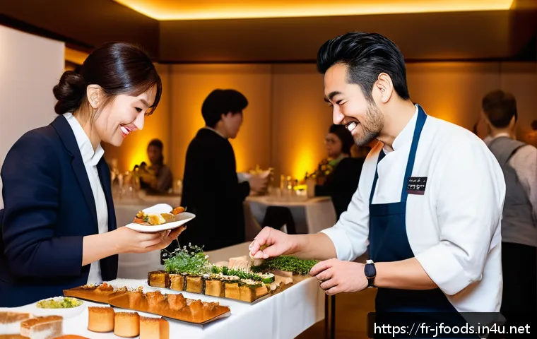 일식조리사 커리어 발전을 위한 네트워킹 - A bustling Japanese culinary networking event in Lyon, France, with diverse chefs and food professio...