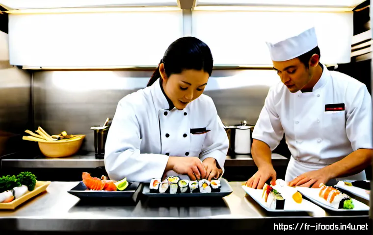 Home 17 일식조리사와 협업하는 법 - Photorealistic French restaurant kitchen collaboration, a Japanese cuisine chef in a clean white jac...