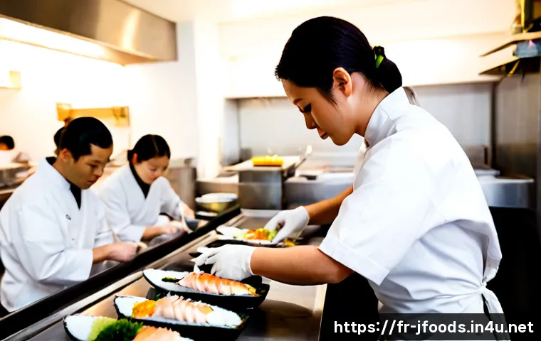 Home 17 일식조리사 업무 중 자주 겪는 사례 - Photorealistic professional Japanese restaurant kitchen in France during a busy lunch service, a foc...