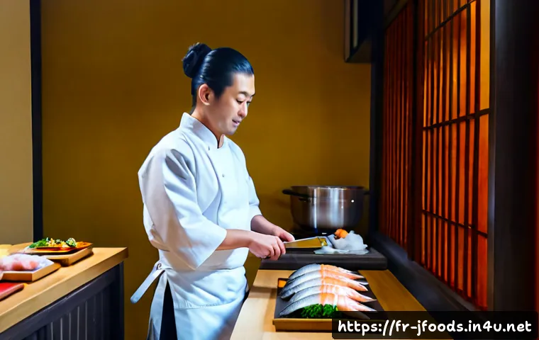 일식조리사 해외 연수 경험담 - Photorealistic documentary-style scene of a French Japanese-cuisine chef on overseas training in a t...